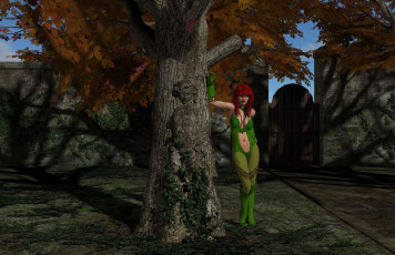 Картинка 3д+графика люди+ people девушка взгляд фон перчатки сапоги рыжая дерево