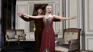 Картинка 3д+графика люди+ people девушка взгляд фон блондинка мужчина шляпа кресла