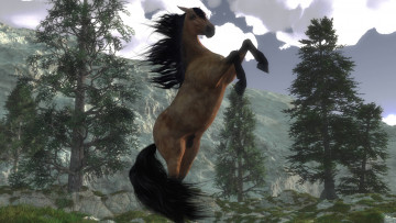 Картинка 3д+графика животные+ animals лошадь деревья горы облака