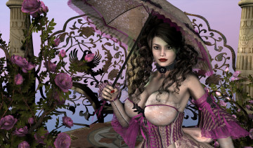 Картинка 3д+графика люди+ people девушка взгляд фон зонтик цветы