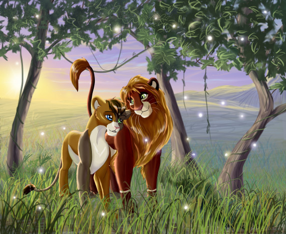Обои картинки фото рисованное, животные,  львы, деревья, львы