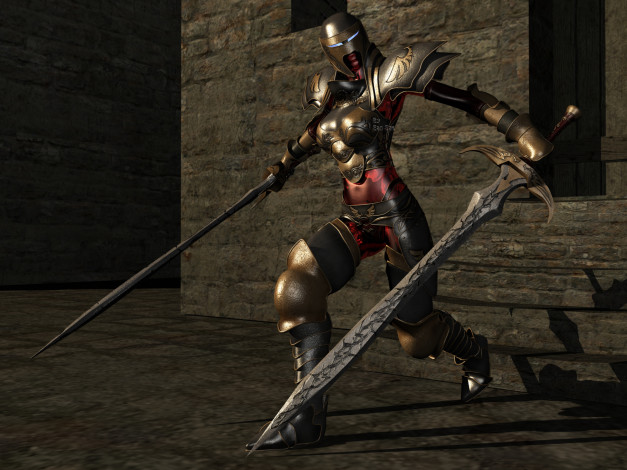 Обои картинки фото 3д графика, амазонки , amazon, взгляд, доспехи, мечи, фон, девушка