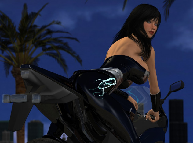 Обои картинки фото 3д графика, люди , people, девушка, взгляд, фон, мотоцикл