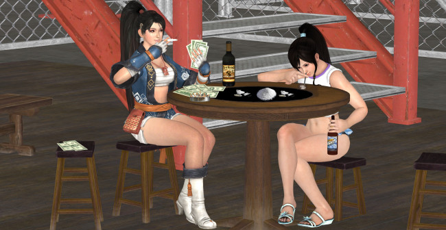 Обои картинки фото 3д графика, люди , people, девушки, взгляд, фон, стол, деньги, вино