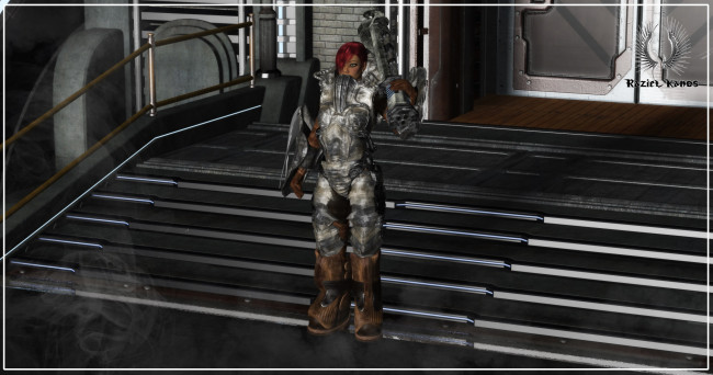 Обои картинки фото 3д графика, фантазия , fantasy, рыжая, фон, взгляд, девушка, доспехи, лестница