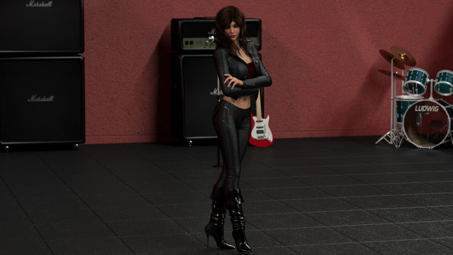 Обои картинки фото 3д графика, люди , people, девушка, взгляд, фон, сцена, гитара, барабан, колонки