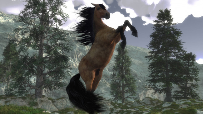 Обои картинки фото 3д графика, животные , animals, лошадь, деревья, горы, облака