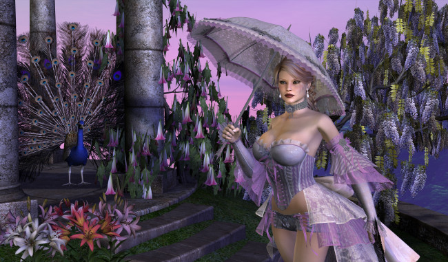 Обои картинки фото 3д графика, люди , people, девушка, взгляд, фон, зонтик, цветы