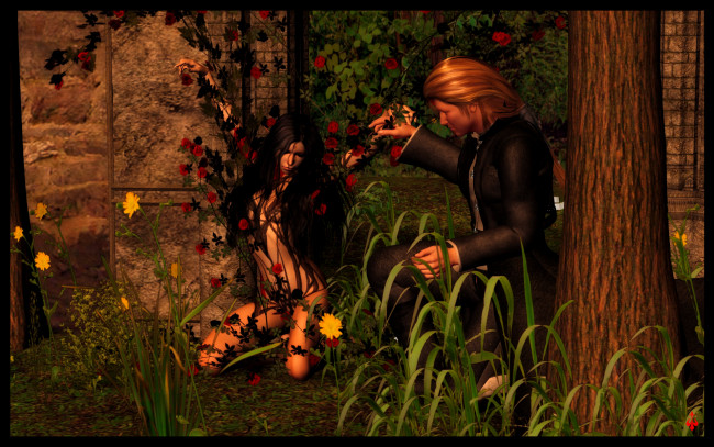 Обои картинки фото 3д графика, фантазия , fantasy, девушки, взгляд, фон, цветы