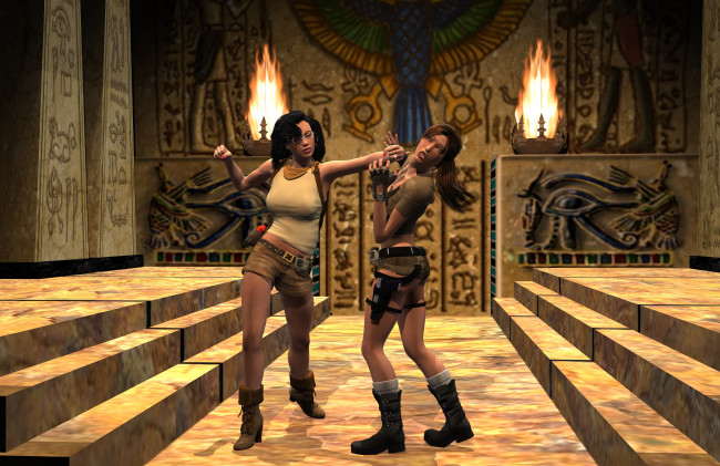 Обои картинки фото 3д графика, фантазия , fantasy, девушки, взгляд, фон, лестница, факелы, драка