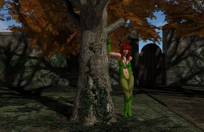 Обои картинки фото 3д графика, люди , people, девушка, взгляд, фон, перчатки, сапоги, рыжая, дерево