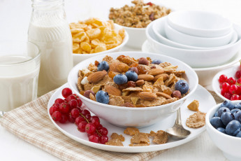 Картинка еда мюсли +хлопья хлопья орехи миндаль ягоды смородина голубика завтрак молоко