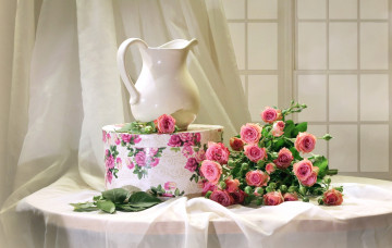 Картинка цветы розы коробка кувшин