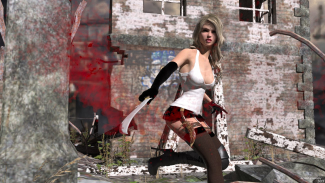 Обои картинки фото 3д графика, фантазия , fantasy, девушка, взгляд, фон, оружие