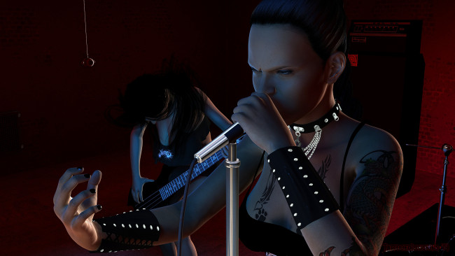 Обои картинки фото 3д графика, люди , people, тату, взгляд, микрофон, фон, девушка