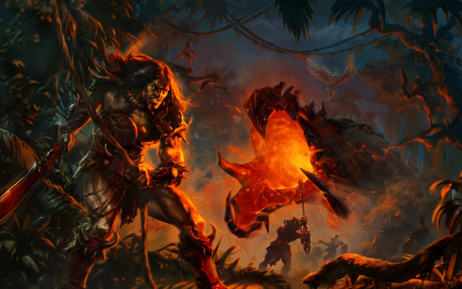 Обои картинки фото фэнтези, существа, конан, варвар, битва, чудовища, человек