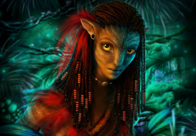 Обои картинки фото рисованное, кино, нейтири, рендеринг, аватар, существо, девушка, портрет, косички