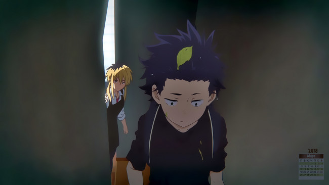 Обои картинки фото календари, аниме, девушка, 2018, мальчик, взгляд