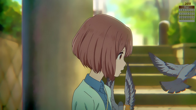 Обои картинки фото календари, аниме, девушка, птица, взгляд, 2018, профиль, лицо
