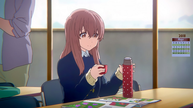 Обои картинки фото календари, аниме, парта, девочка, 2018, термос