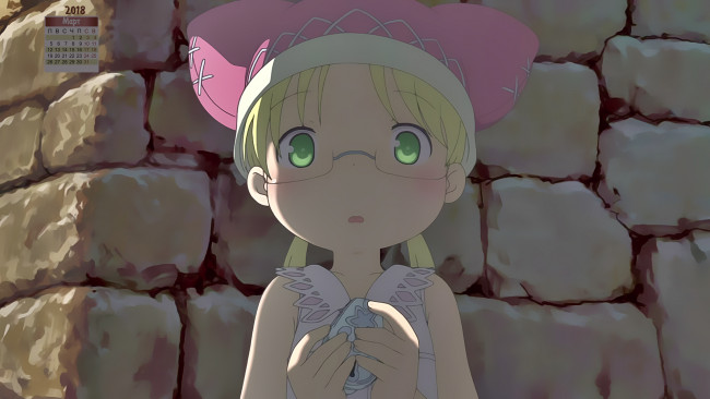 Обои картинки фото календари, аниме, шапка, очки, девочка, взгляд, 2018