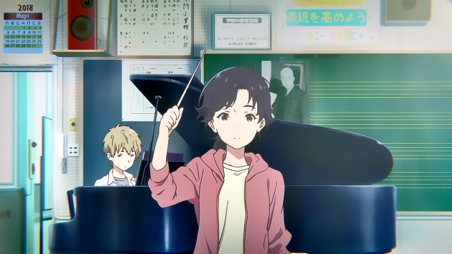 Обои картинки фото календари, аниме, урок, пианино, взгляд, 2018, девушка
