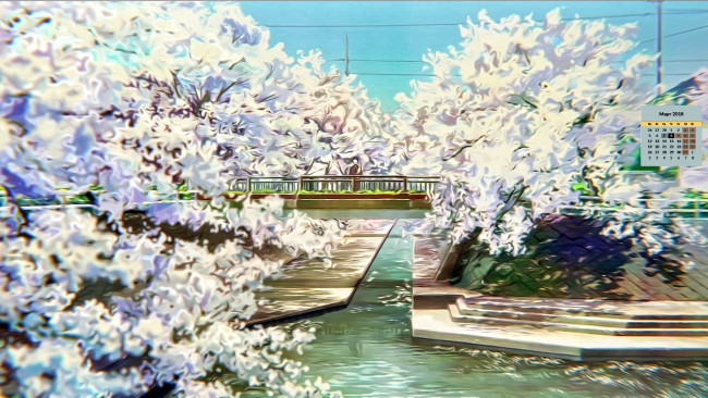 Обои картинки фото календари, рисованные,  векторная графика, деревья, водоем, 2018