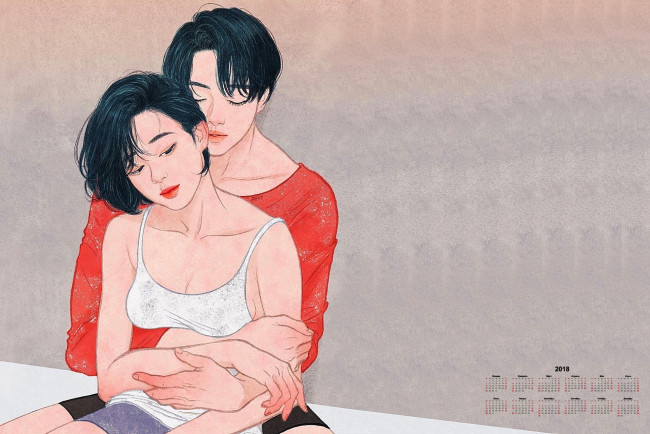 Обои картинки фото календари, рисованные,  векторная графика, ласка, девушка, парень, 2018