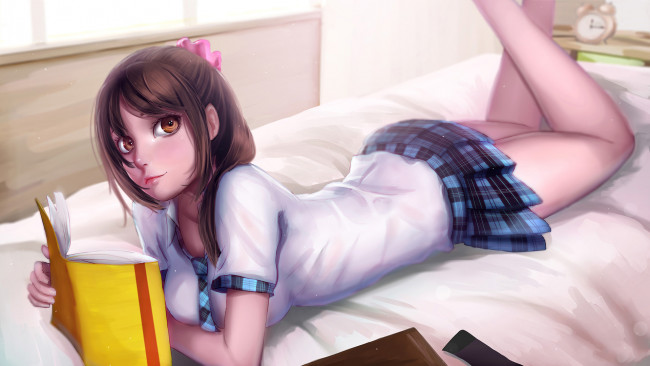 Обои картинки фото аниме, unknown,  другое , книга, взгляд, фон, девушка