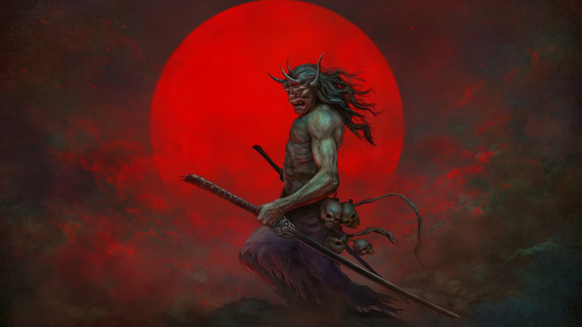 Обои картинки фото фэнтези, демоны, существо, меч, череп