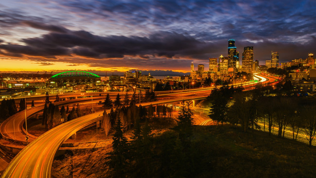 Обои картинки фото города, сиэтл , сша, сиэтл, огни, развязка, дорога
