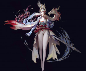 Картинка фэнтези существа девушка меч дракон рога