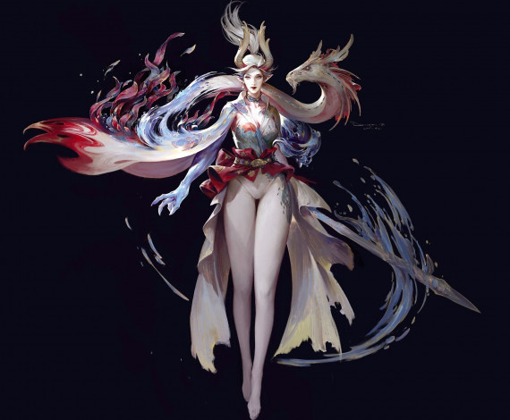 Обои картинки фото фэнтези, существа, девушка, меч, дракон, рога