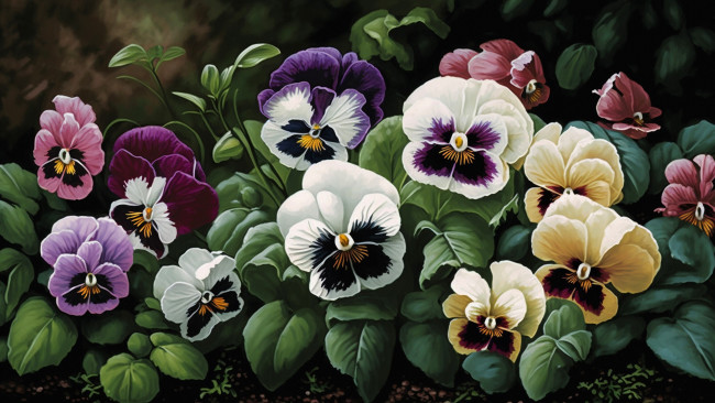 Обои картинки фото рисованное, цветы, темный, фон, стол, букет, чайник, тарелка, чашка, посуда