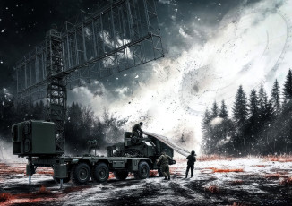 обоя рисованное, армия, радар, машина, ночь, люди, солдаты, лес, снег, поляна