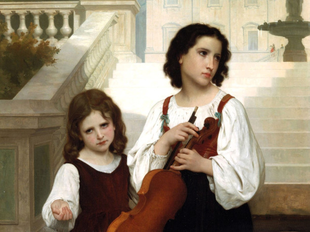 Обои картинки фото рисованное, adolphe-william bouguereau, девочки, скрипка, лестница, дворец