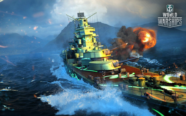 Обои картинки фото видео игры, world of warships, корабль, пушки, выстрел, море, горы