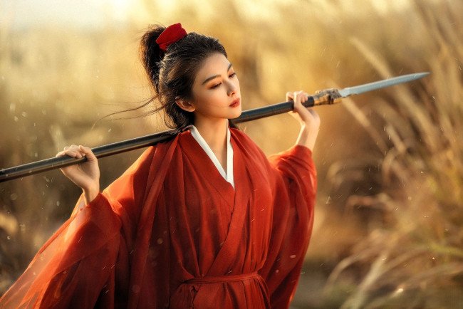 Обои картинки фото guardians of the dafeng, кино фильмы, девушка, наряд, копье, трава