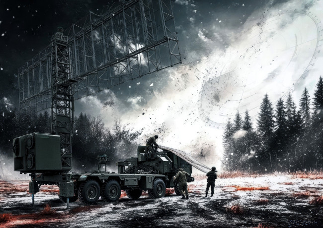 Обои картинки фото рисованное, армия, радар, машина, ночь, люди, солдаты, лес, снег, поляна