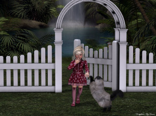 Картинка 3д графика people люди девушка забор кот