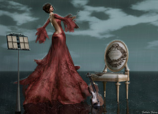 Картинка 3д графика people люди платье скрипка дождь стул