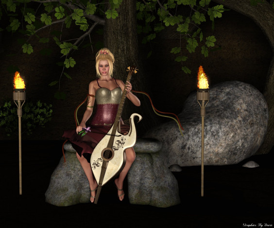 Обои картинки фото 3д, графика, people, люди, факелы, камни, девушка