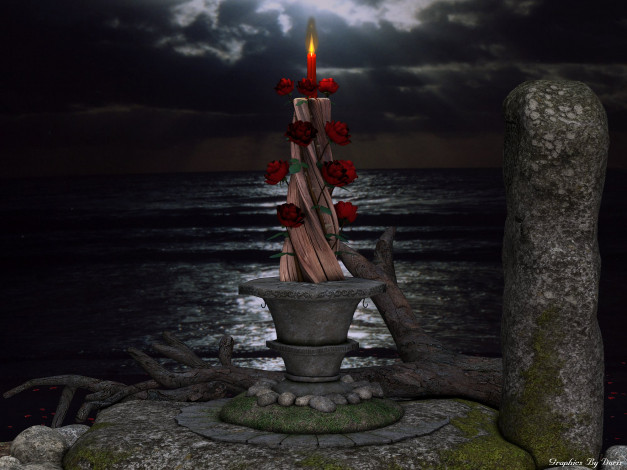 Обои картинки фото 3д, графика, flowers, цветы, камень, вода, небо