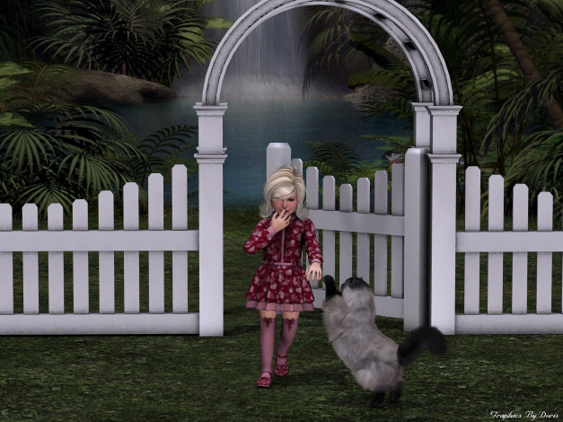 Обои картинки фото 3д, графика, people, люди, девушка, забор, кот