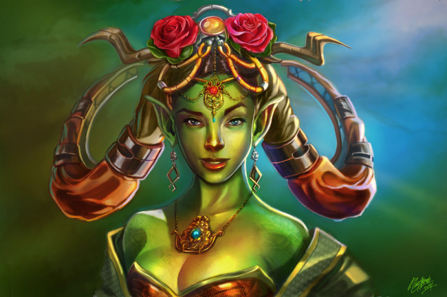 Обои картинки фото фэнтези, существа, рога, розы, украшения