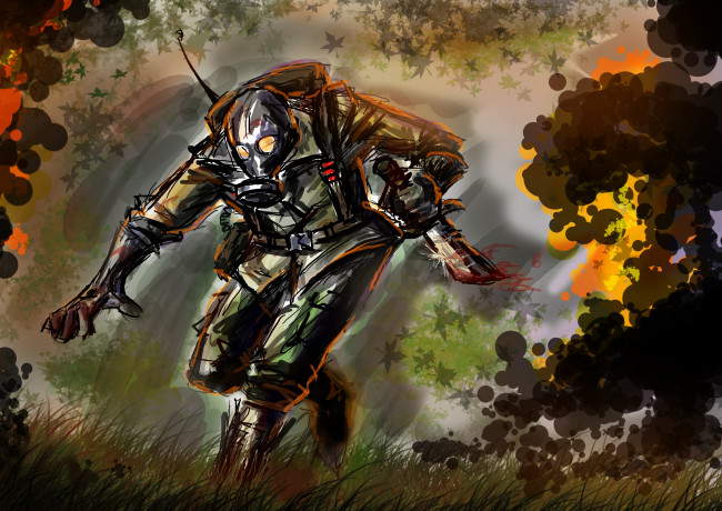 Обои картинки фото рисованные, армия, противогаз