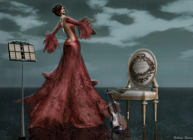 Обои картинки фото 3д, графика, people, люди, платье, скрипка, дождь, стул