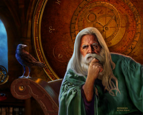 Картинка фэнтези магия старик маг борода кресло ученый