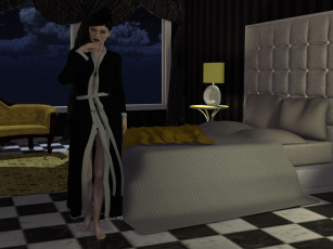 Картинка 3д+графика people+ люди халат светильник девушка комната кровать взгляд