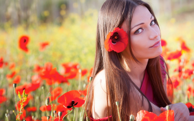 Обои картинки фото девушки, -unsort , лица,  портреты, взгляд, лето, маки, цветы, девушка, природа, волосы, лицо, глаза